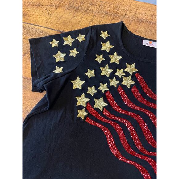 Womens Quacker Factory Fourth Of July Gold Stars Red Stripes Sequin Blouse 2X - Picture 3 of 7